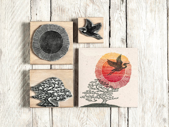 Japanese Rubber Stamps, Sun Stamp, Pagoda Stamp, Bonsai Tree Stamp, Japanese Tree Stamp, Crane Rubber Stamps - Noolibird