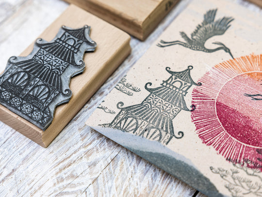 Japanese Rubber Stamps, Sun Stamp, Pagoda Stamp, Bonsai Tree Stamp, Japanese Tree Stamp, Crane Rubber Stamps - Noolibird