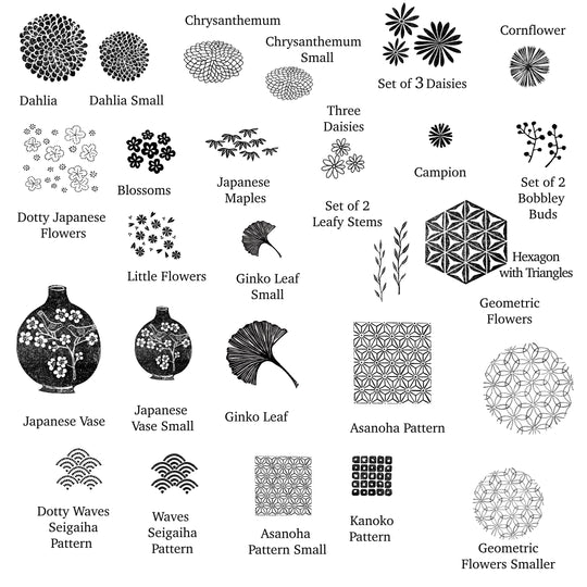 Japanese Pattern Rubber Stamps, Geometric patterns and Flower of Life Stamp Designs - Noolibird