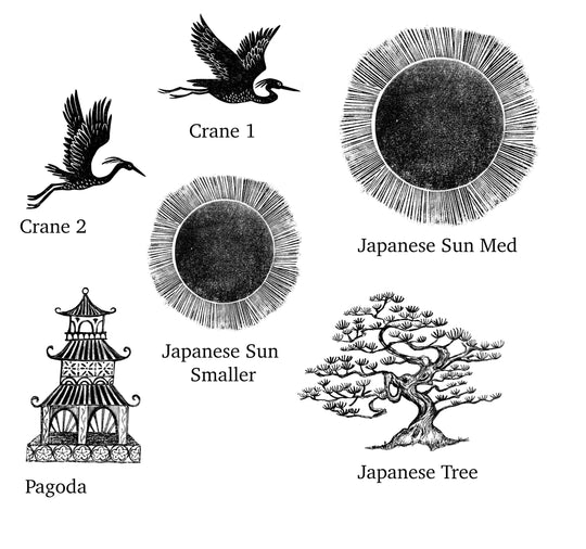 Japanese Rubber Stamps, Sun Stamp, Pagoda Stamp, Bonsai Tree Stamp, Japanese Tree Stamp, Crane Rubber Stamps - Noolibird