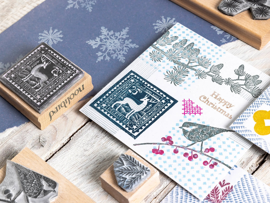 Small Christmas Rubber Stamps – Snowy Landscape, Polar Bear &amp; Cub, Deer and Decorative Borders for Cardmaking