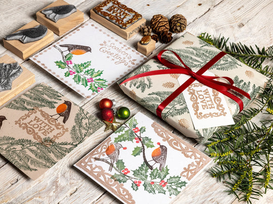 Pine &amp; Holly Branch Christmas Rubber Stamps – Hand Lino Cut Fir &amp; Holly Stamps for Card Making
