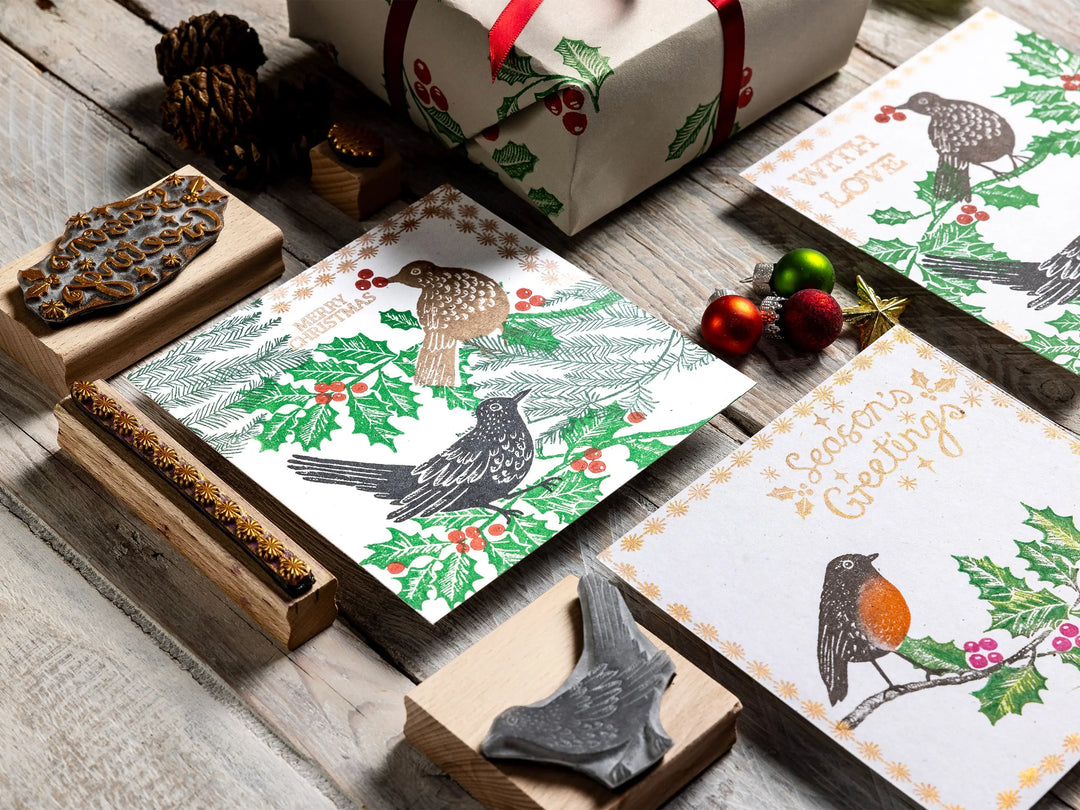 Pine &amp; Holly Branch Christmas Rubber Stamps – Hand Lino Cut Fir &amp; Holly Stamps for Card Making