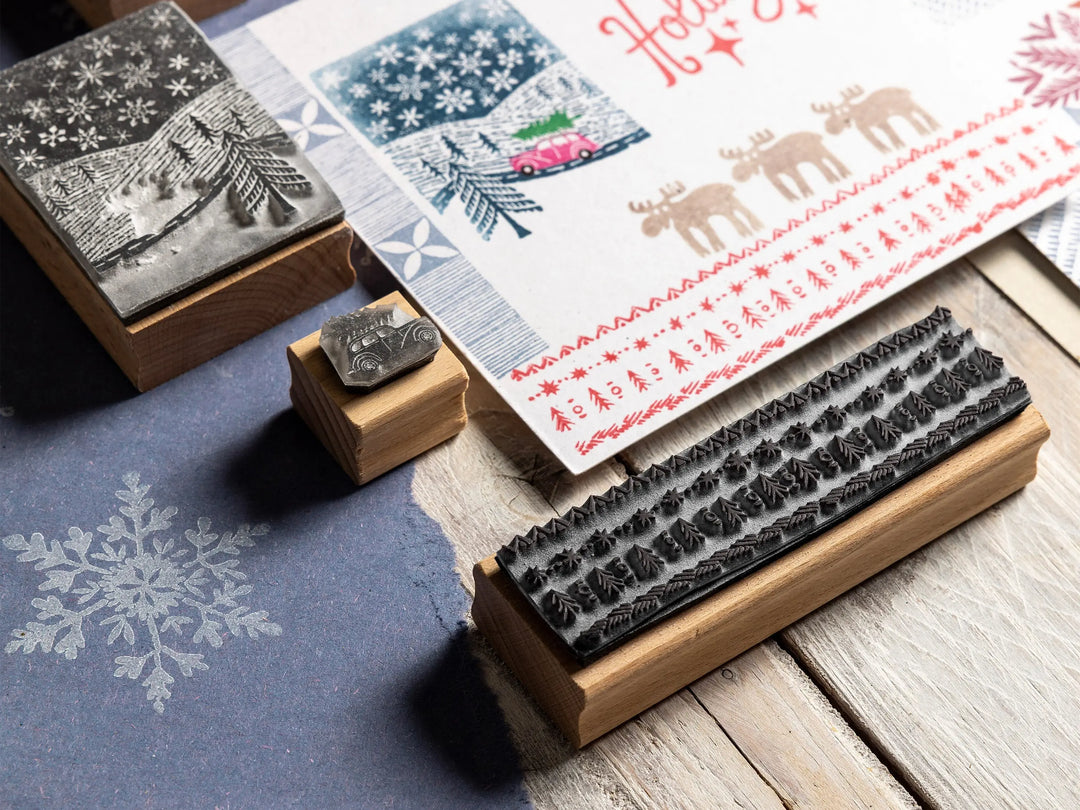 Small Christmas Rubber Stamps – Snowy Landscape, Polar Bear &amp; Cub, Deer and Decorative Borders for Cardmaking