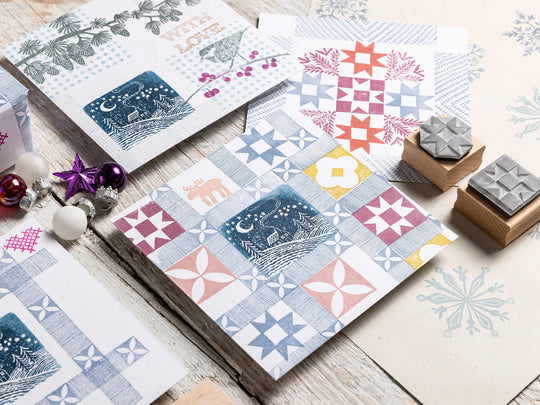Small Christmas Rubber Stamps – Snowy Landscape, Polar Bear &amp; Cub, Deer and Decorative Borders for Cardmaking