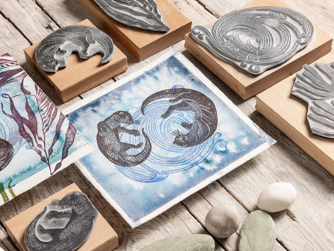 Two Otters Swimming Underwater — Hand-Carved Lino Cut Rubber Stamps for Card making