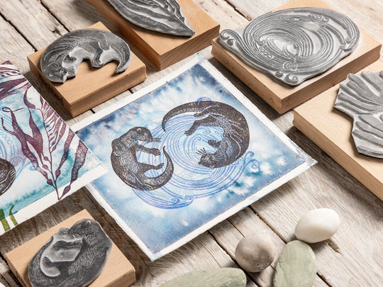 Two Otters Swimming Underwater — Hand-Carved Lino Cut Rubber Stamps for Card making