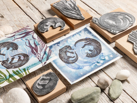 Two Otters Swimming Underwater — Hand-Carved Lino Cut Rubber Stamps for Card making