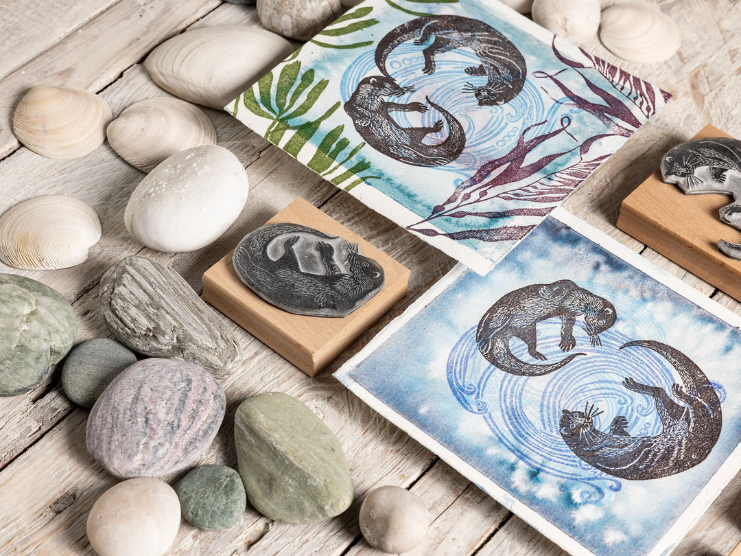 Two Otters Swimming Underwater — Hand-Carved Lino Cut Rubber Stamps for Card making