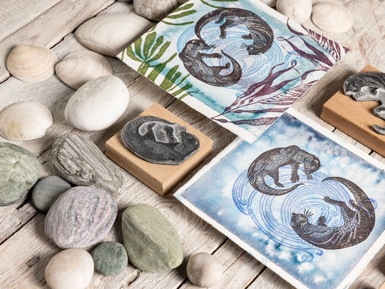 Two Otters Swimming Underwater — Hand-Carved Lino Cut Rubber Stamps for Card making