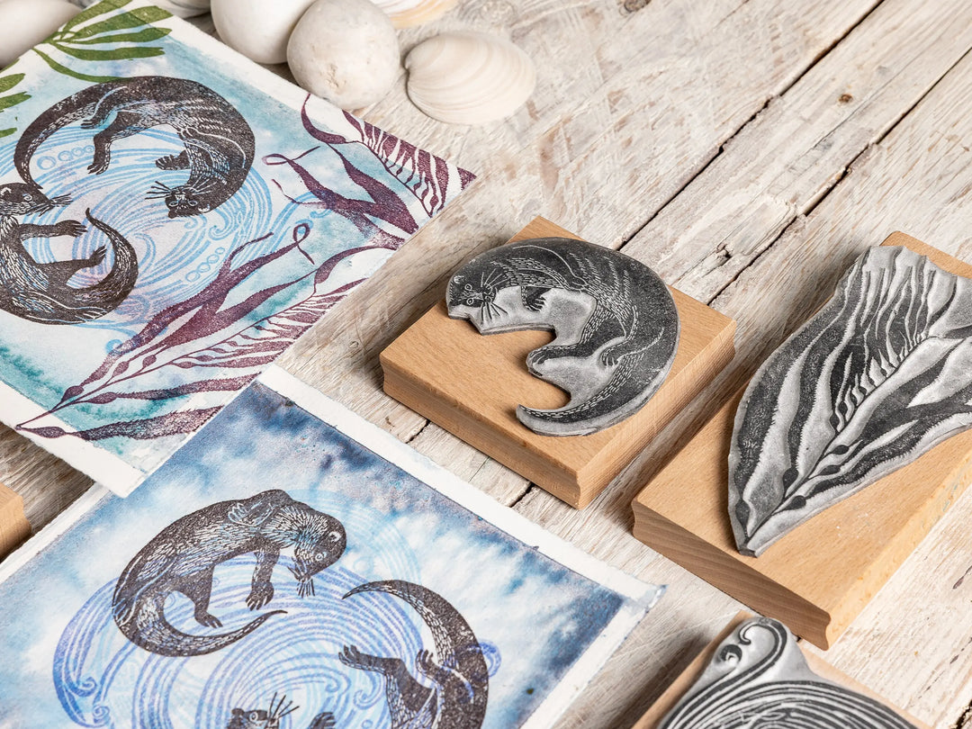 Two Otters Swimming Underwater — Hand-Carved Lino Cut Rubber Stamps for Card making
