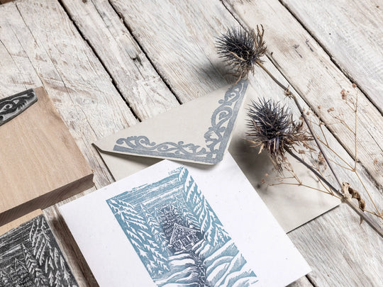 The Cosy Cabin in the Forest Christmas Stamp – Hand-Carved Lino Design