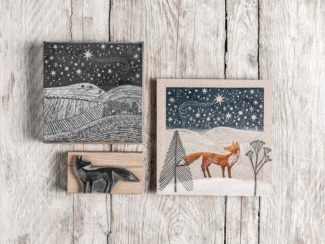 Starlit Winter Sky Landscape Rubber Stamp, Christmas Stamp, Fox Stamp
