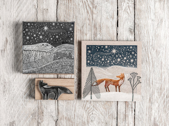 Starlit Winter Sky Landscape Rubber Stamp, Christmas Stamp, Fox Stamp