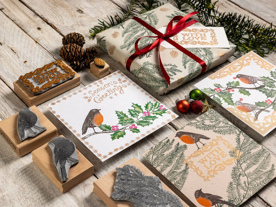 Pine &amp; Holly Branch Christmas Rubber Stamps – Hand Lino Cut Fir &amp; Holly Stamps for Card Making