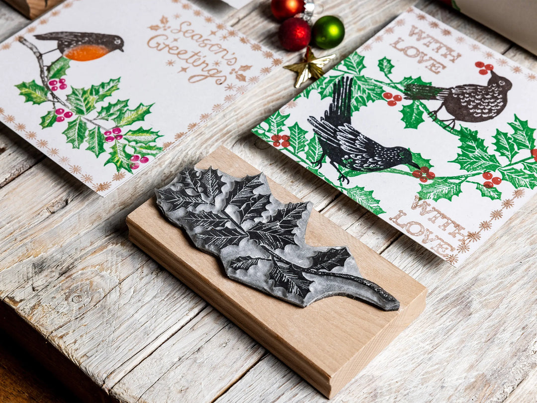 Pine &amp; Holly Branch Christmas Rubber Stamps – Hand Lino Cut Fir &amp; Holly Stamps for Card Making