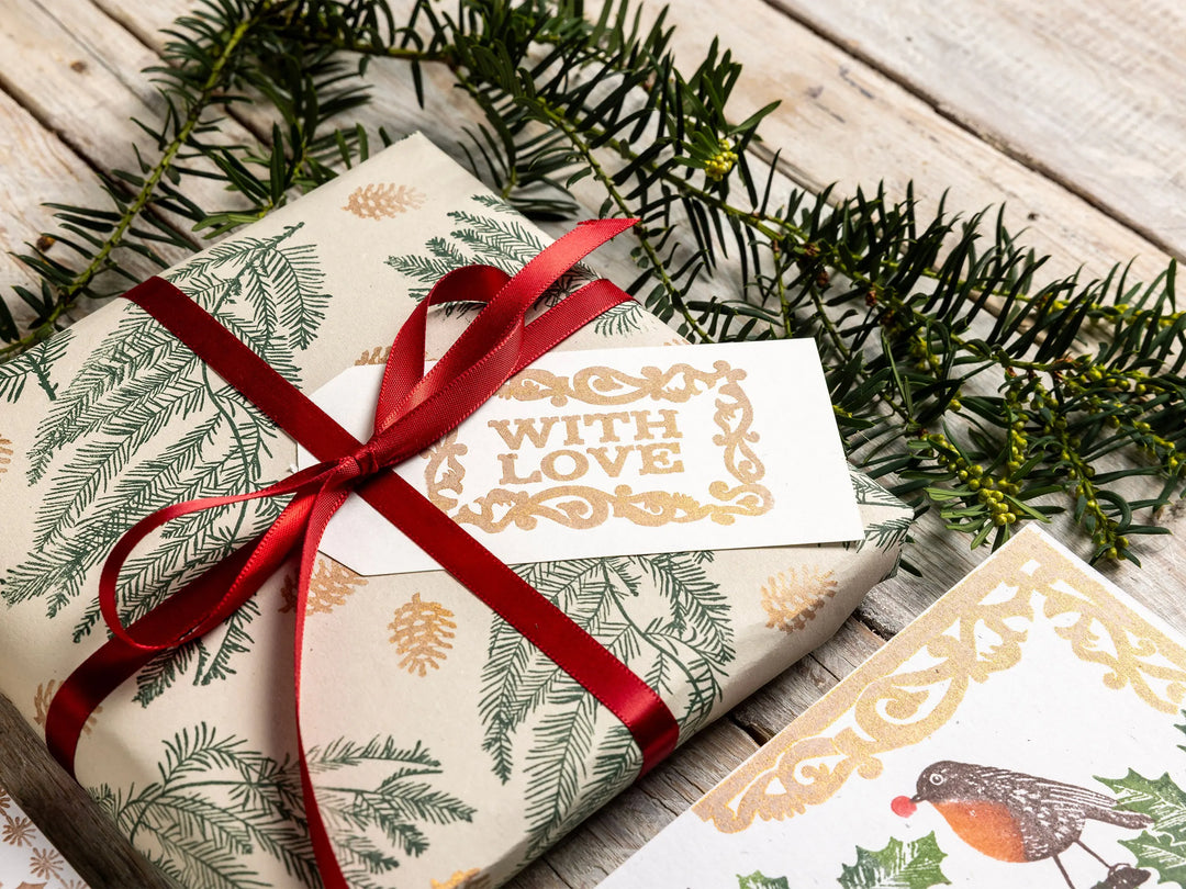 Pine &amp; Holly Branch Christmas Rubber Stamps – Hand Lino Cut Fir &amp; Holly Stamps for Card Making