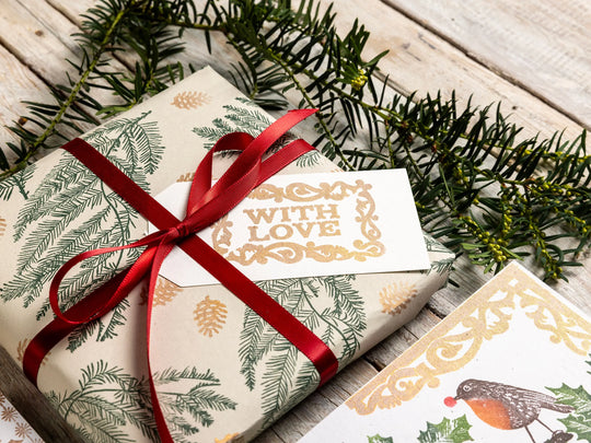 Pine &amp; Holly Branch Christmas Rubber Stamps – Hand Lino Cut Fir &amp; Holly Stamps for Card Making