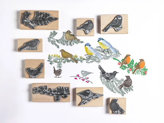 Garden bird rubber stamps by Noolibird — robin, blue tit, blackbird, sparrow, thrush and coal tit lino cuts