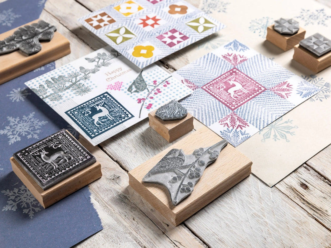 Small Christmas Rubber Stamps – Snowy Landscape, Polar Bear &amp; Cub, Deer and Decorative Borders for Cardmaking