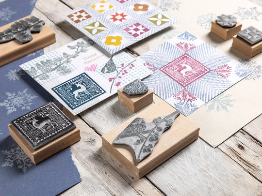 Small Christmas Rubber Stamps – Snowy Landscape, Polar Bear &amp; Cub, Deer and Decorative Borders for Cardmaking