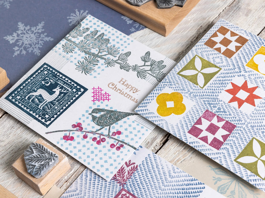 Small Christmas Rubber Stamps – Snowy Landscape, Polar Bear &amp; Cub, Deer and Decorative Borders for Cardmaking