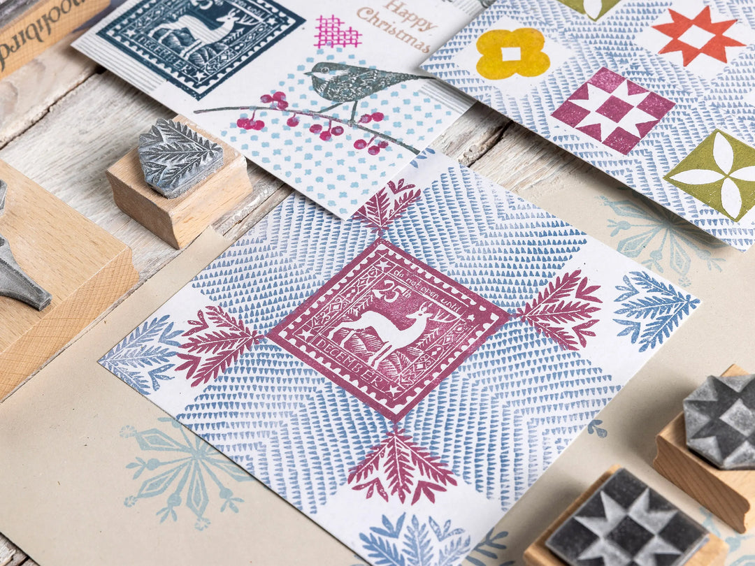 Small Christmas Rubber Stamps – Snowy Landscape, Polar Bear &amp; Cub, Deer and Decorative Borders for Cardmaking
