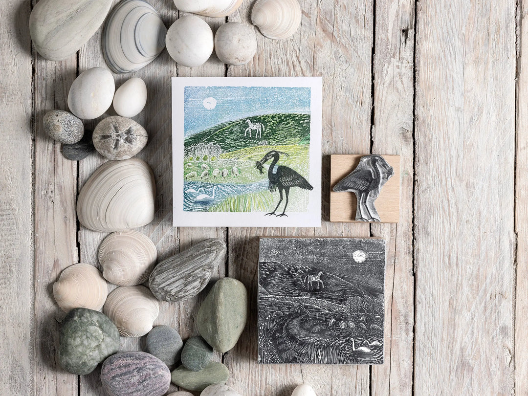 River Landscape with Chalk Horse &amp; Swans — Alfriston Lino Cut Rubber Stamp
