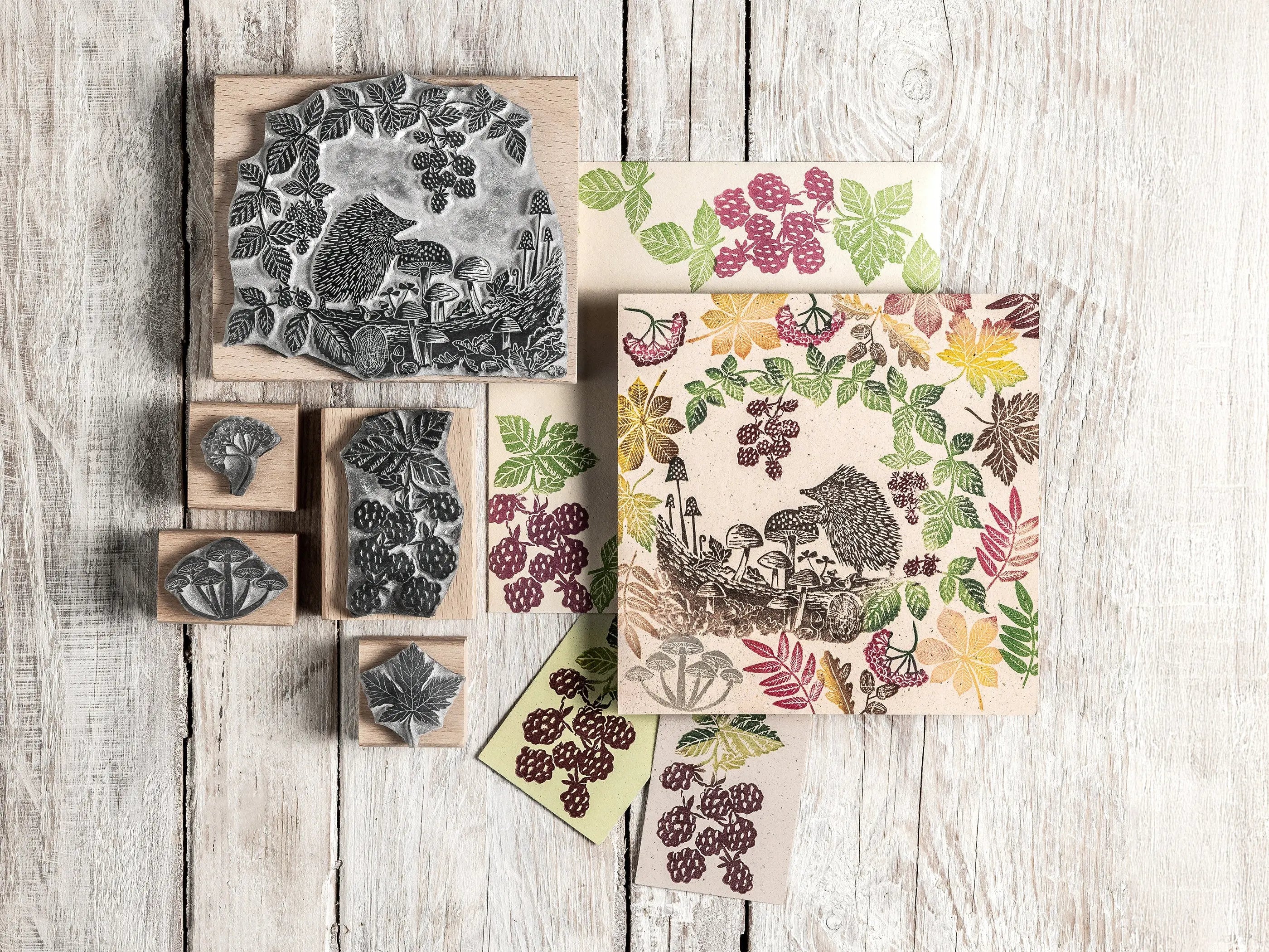 Hedgehog in the Autumn Forest handmade rubber stamp by Noolibird — nature-inspired card making and journaling