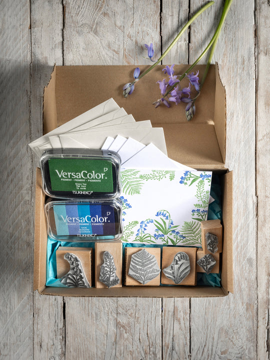 Bluebell, Forget-me-not and Fern Craft Gift Set, Craft Gift Box, Botanicals Craft Gift Box, Wood Mounted Stamps and Ink Pad Set. - Noolibird