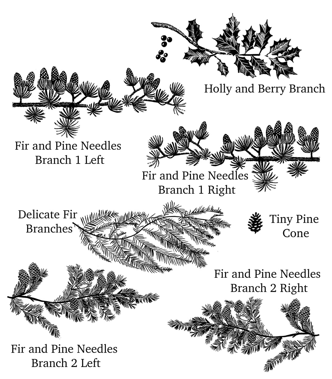 Pine &amp; Holly Branch Christmas Rubber Stamps – Hand Lino Cut Fir &amp; Holly Stamps for Card Making