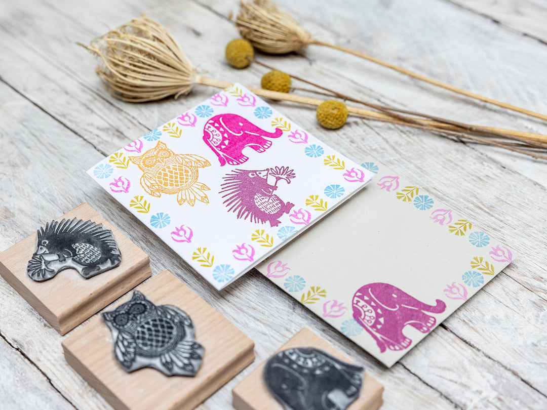 Set of Six Retro Animal Stamps and Tiny Folk Flower Rubber Stamps - Noolibird