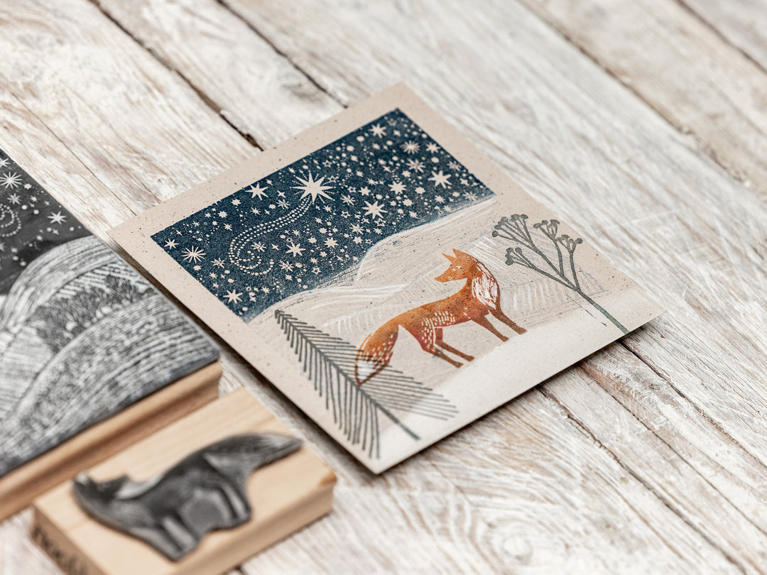 Starlit Winter Sky Landscape Rubber Stamp, Christmas Stamp, Fox Stamp