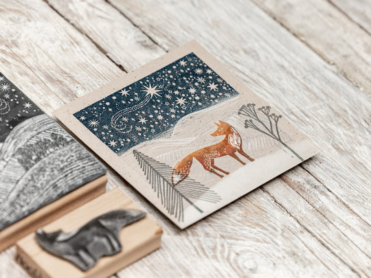 Starlit Winter Sky Landscape Rubber Stamp, Christmas Stamp, Fox Stamp