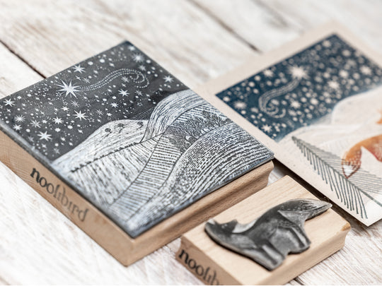 Starlit Winter Sky Landscape Rubber Stamp, Christmas Stamp, Fox Stamp