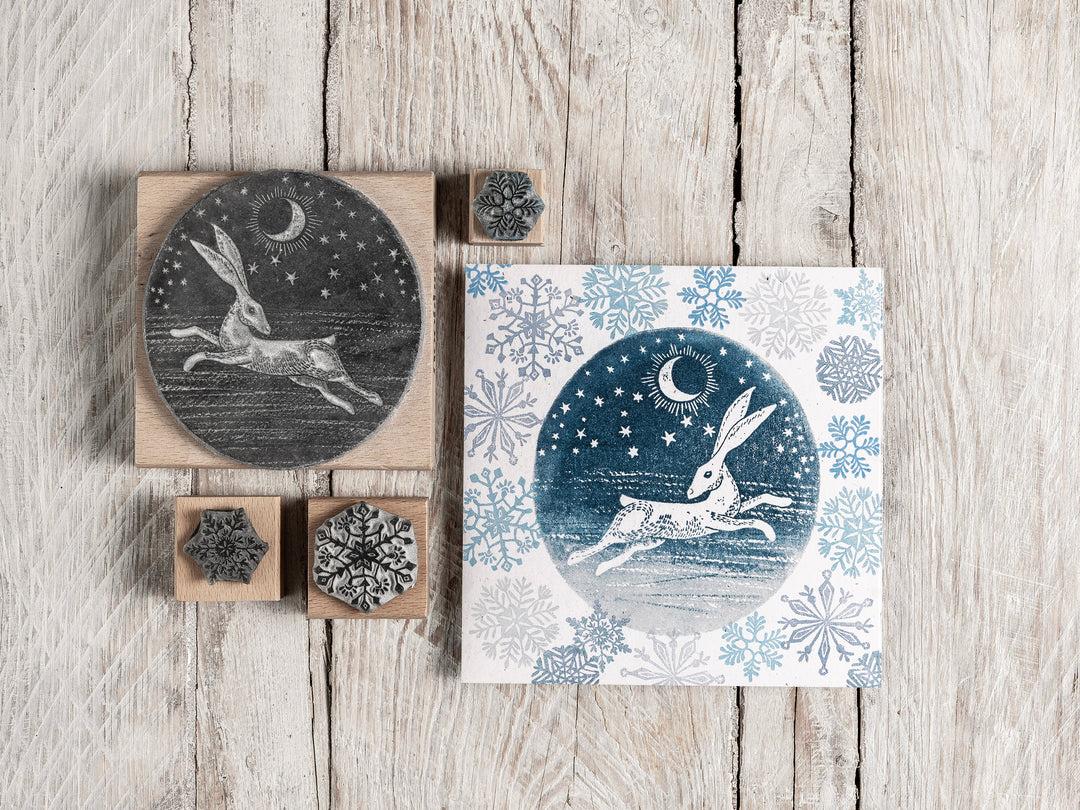 Mystical Hare in the Moonlight, Circular Stamp, Winter Landscape Stamp