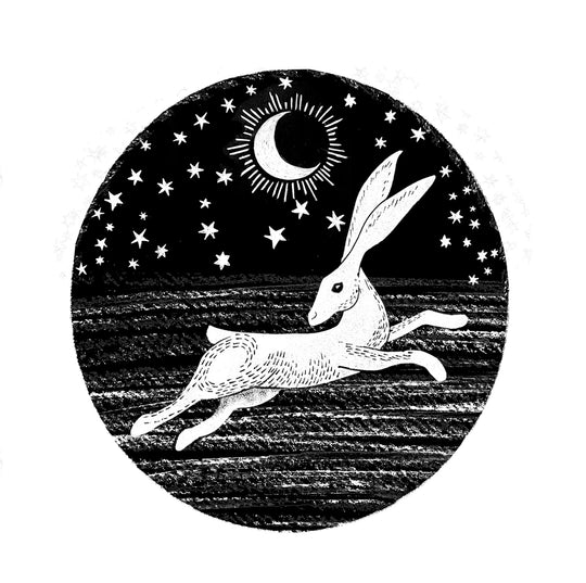 Mystical Hare in the Moonlight, Circular Stamp, Winter Landscape Stamp