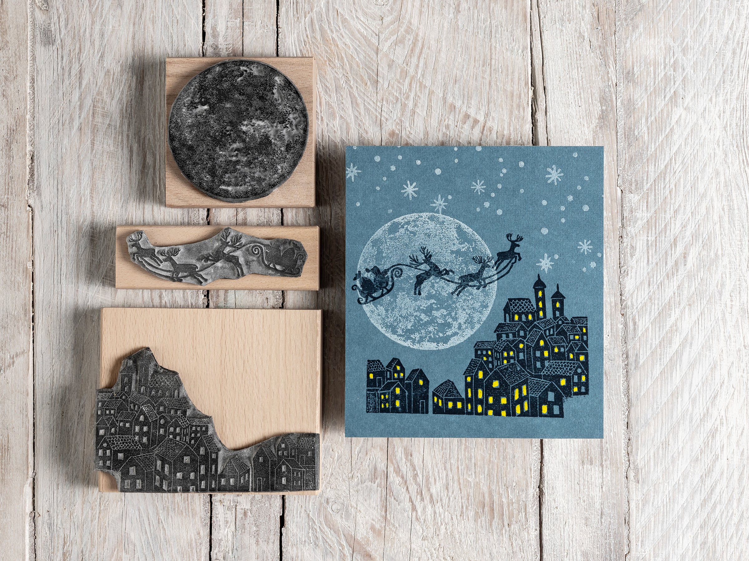 The Night Before Christmas Rubber Stamp, Christmas Hilltop Town with Santa and his Reindeers Rubber Stamps - Noolibird