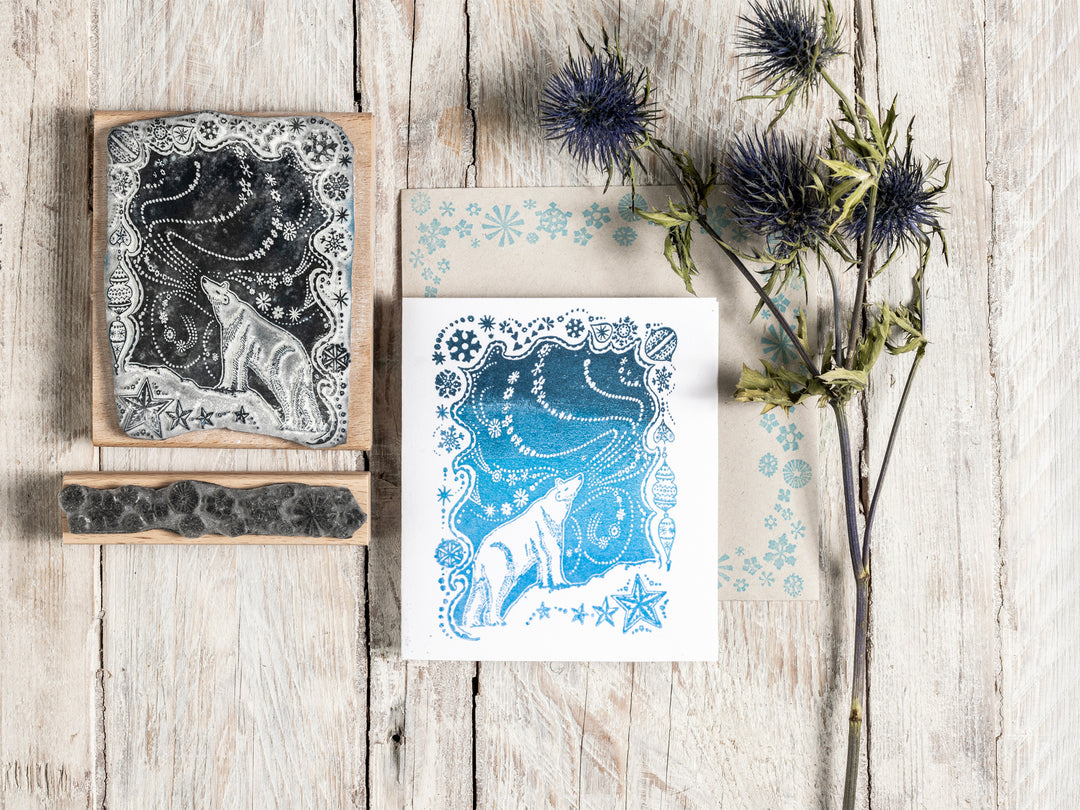 Polar Bear and Northern Lights Christmas Rubber Stamp | Stamp for Christmas Card Making - Noolibird