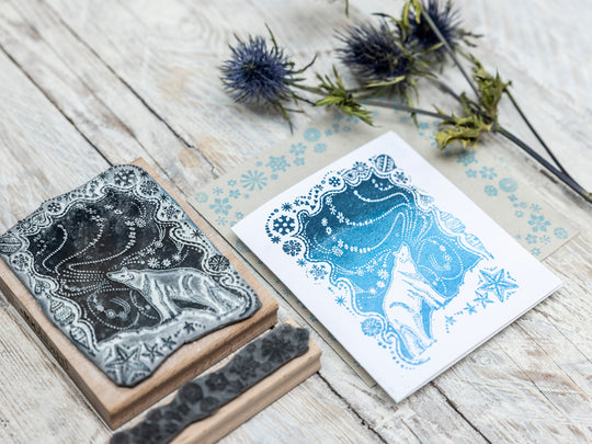 Polar Bear and Northern Lights Christmas Rubber Stamp | Stamp for Christmas Card Making - Noolibird
