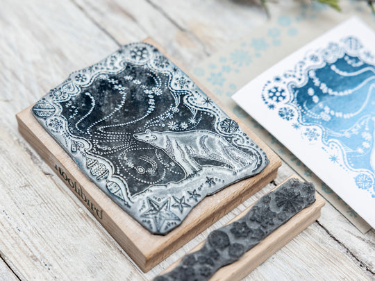Polar Bear and Northern Lights Christmas Rubber Stamp | Stamp for Christmas Card Making - Noolibird
