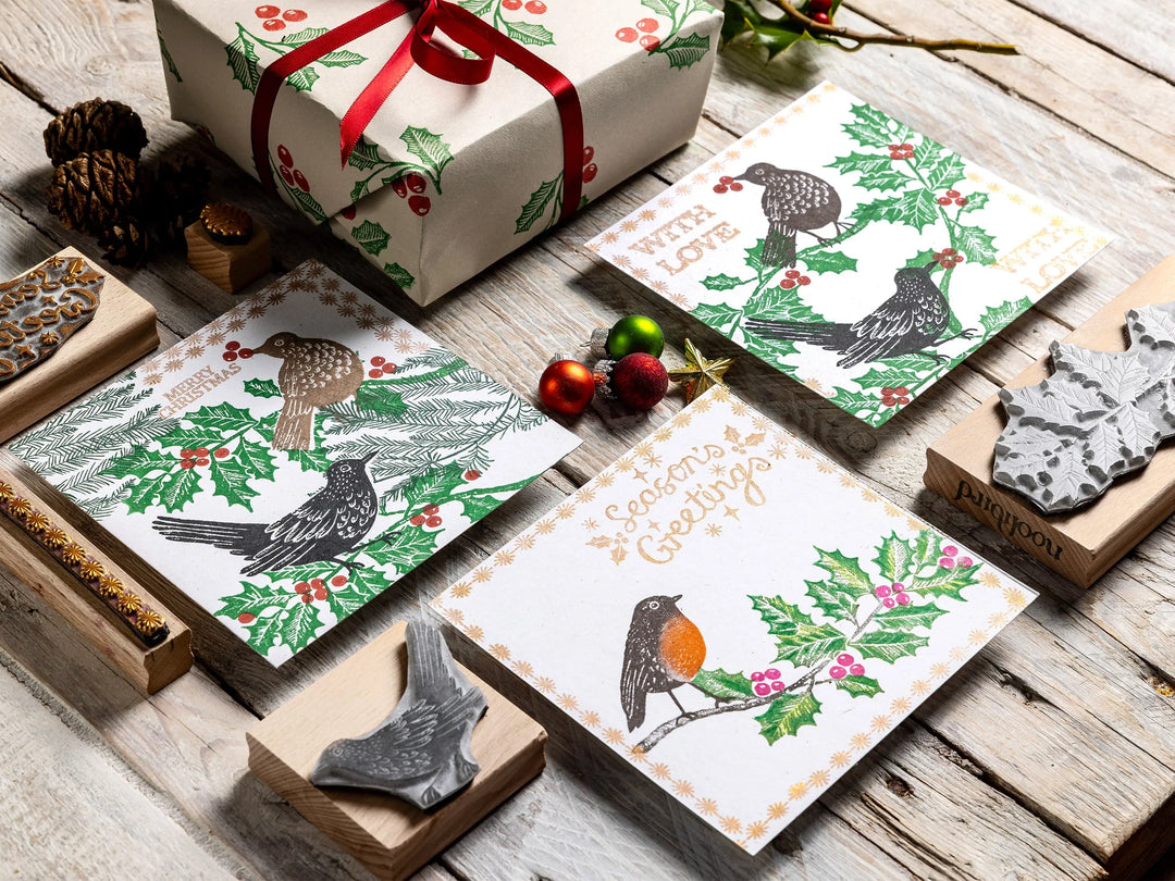 Pine &amp; Holly Branch Christmas Rubber Stamps – Hand Lino Cut Fir &amp; Holly Stamps for Card Making