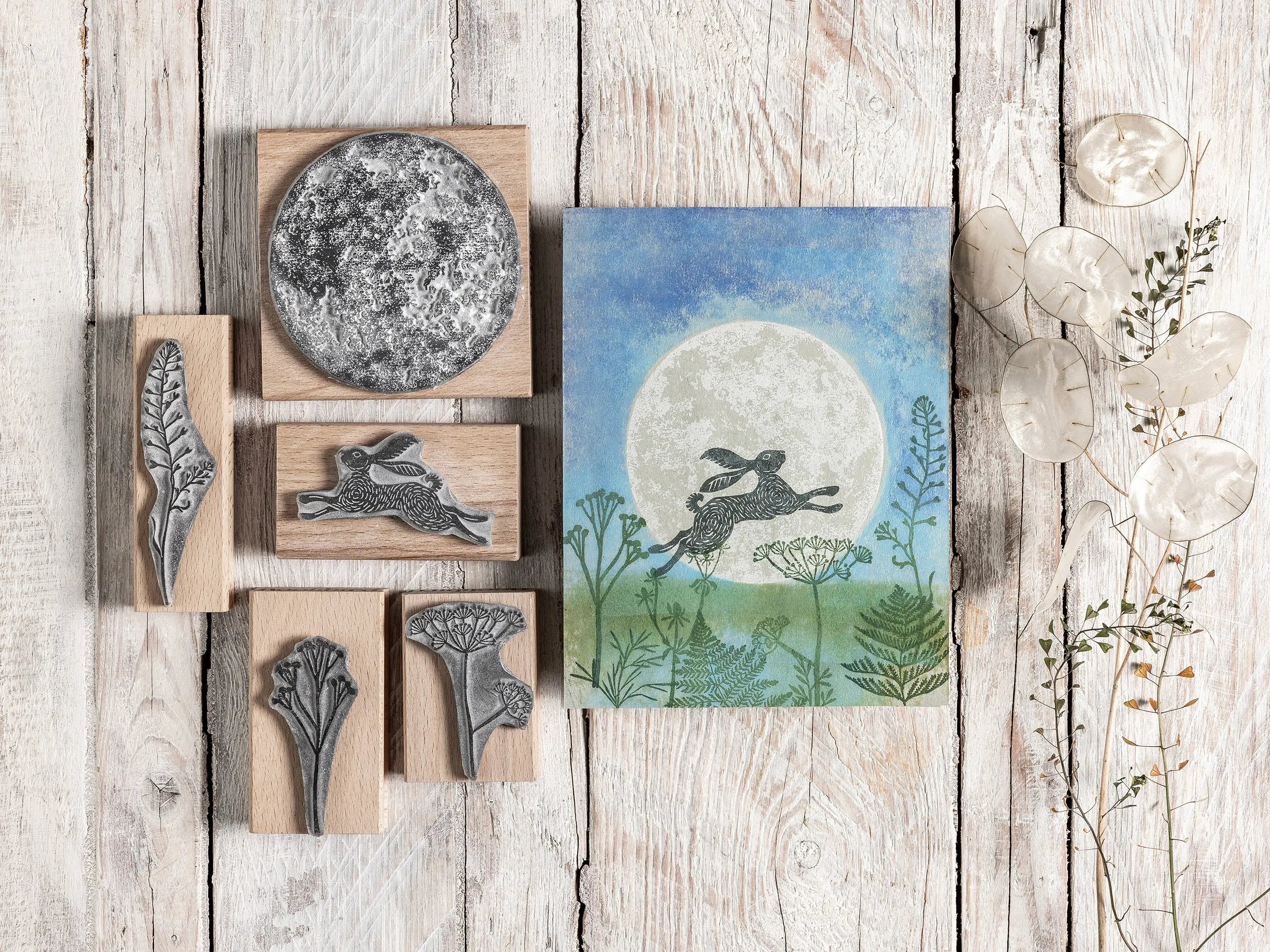 Hare and Moon handmade rubber stamps by Noolibird — nature-inspired card making and nature journaling