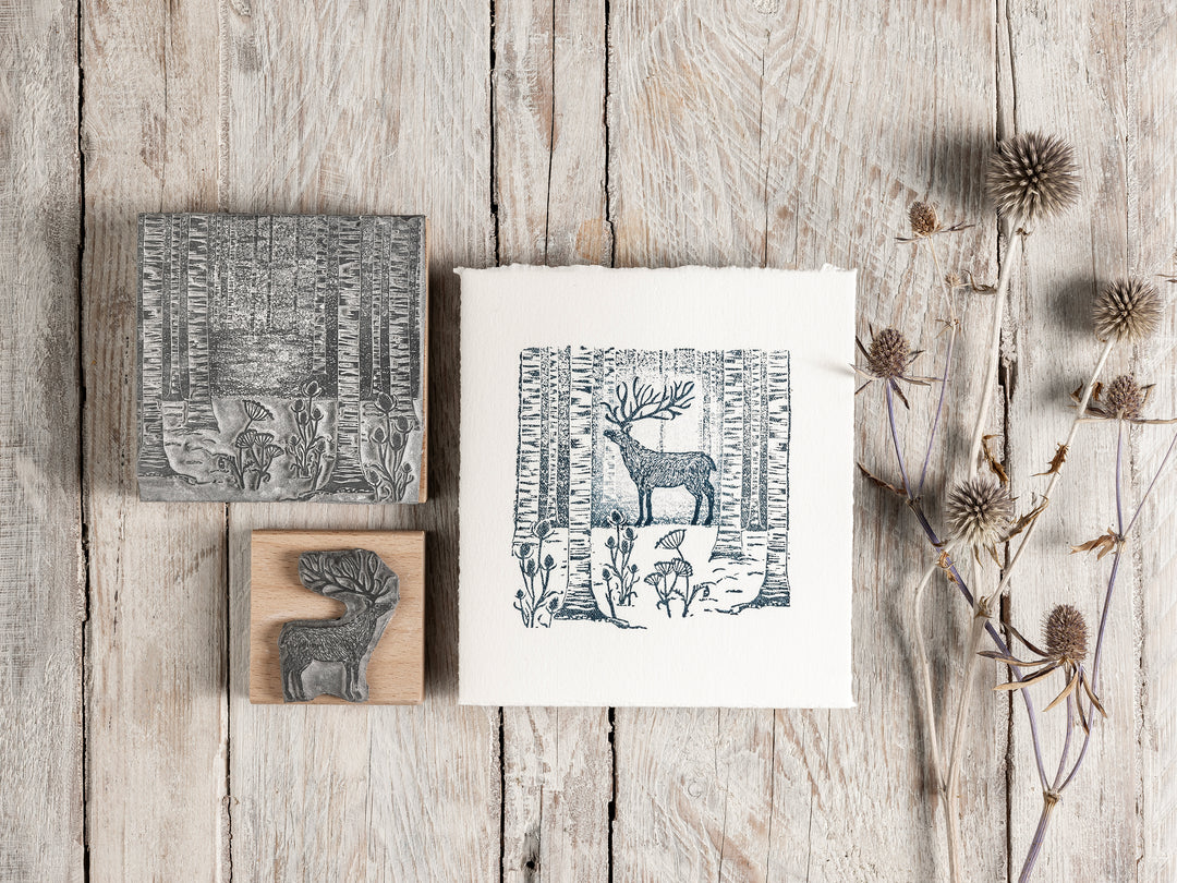 Lone Stag in Forest Rubber Stamps, Stamp for Christmas Card Making, Holiday Crafts,  Card making Supplies an Craft gift. - Noolibird