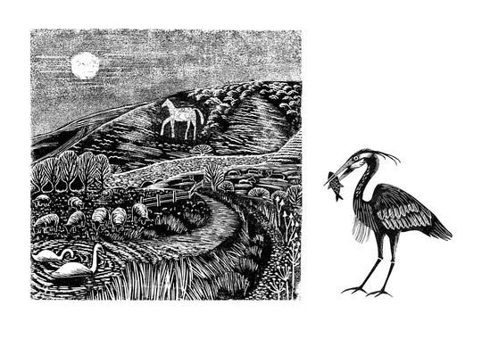 River Landscape with Chalk Horse &amp; Swans — Alfriston Lino Cut Rubber Stamp