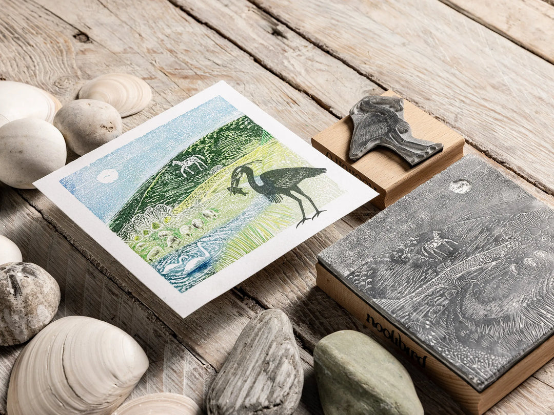 River Landscape with Chalk Horse &amp; Swans — Alfriston Lino Cut Rubber Stamp
