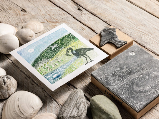 River Landscape with Chalk Horse &amp; Swans — Alfriston Lino Cut Rubber Stamp