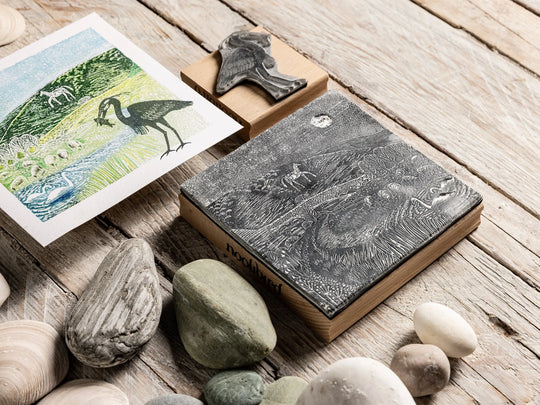 River Landscape with Chalk Horse &amp; Swans — Alfriston Lino Cut Rubber Stamp