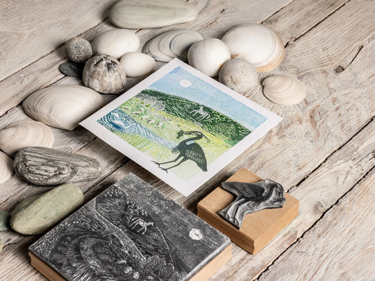 River Landscape with Chalk Horse &amp; Swans — Alfriston Lino Cut Rubber Stamp