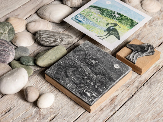 River Landscape with Chalk Horse &amp; Swans — Alfriston Lino Cut Rubber Stamp